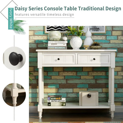 Rustic Ivory Console Table with Storage Drawers