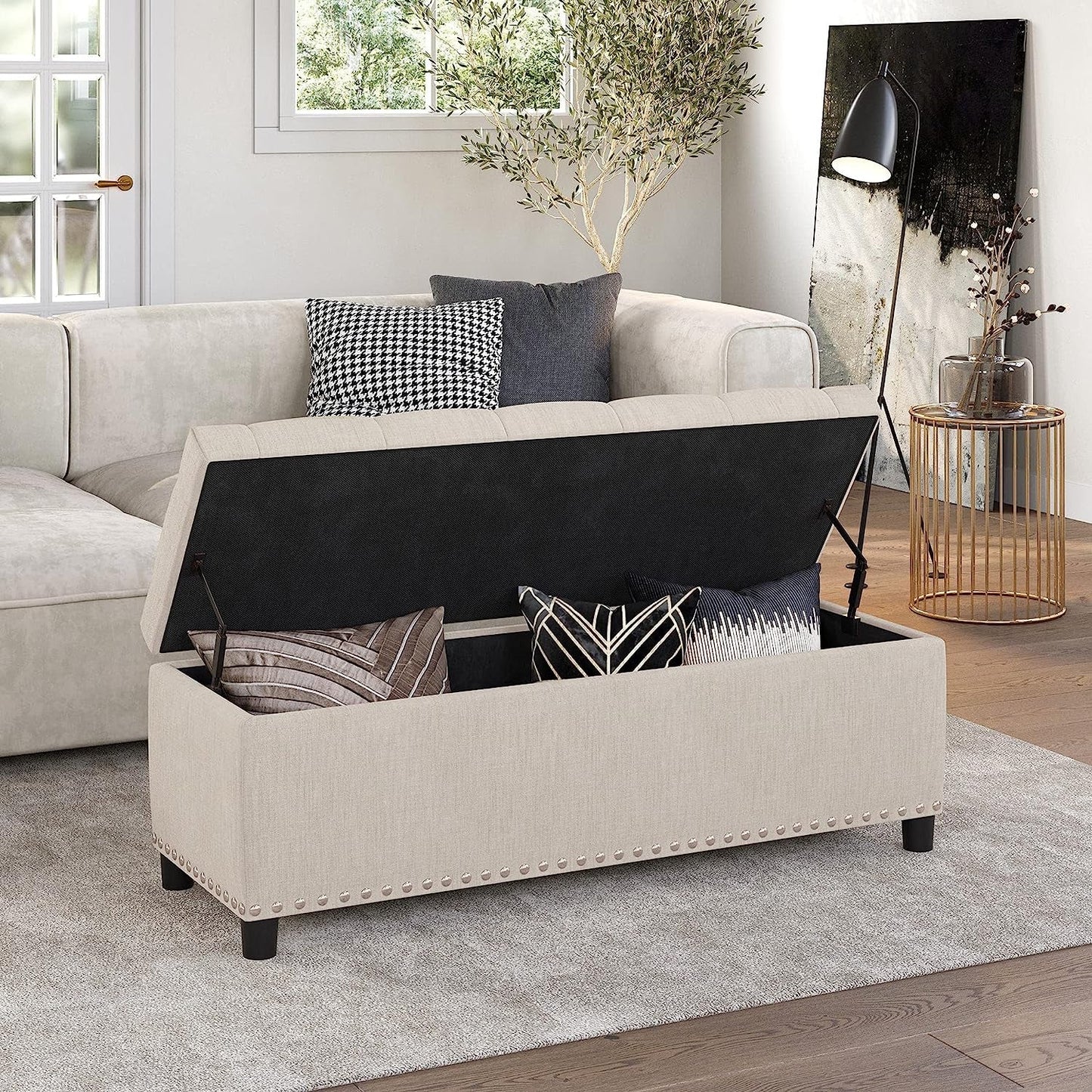 Button-Tufted Ottoman with Storage - Beige