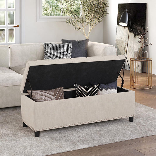 Button-Tufted Ottoman with Storage - Beige