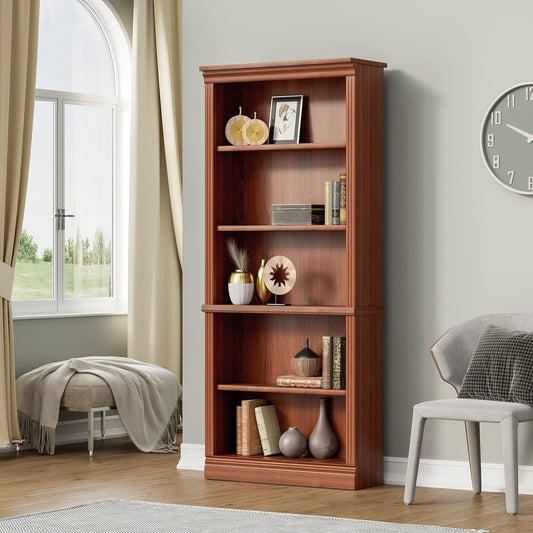 Cherry 5-Shelf Wooden Standing Bookcase Storage Rack