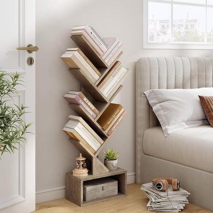6 Tier Tree Bookshelf, Tall Bookcase with Drawer, Freestanding Book