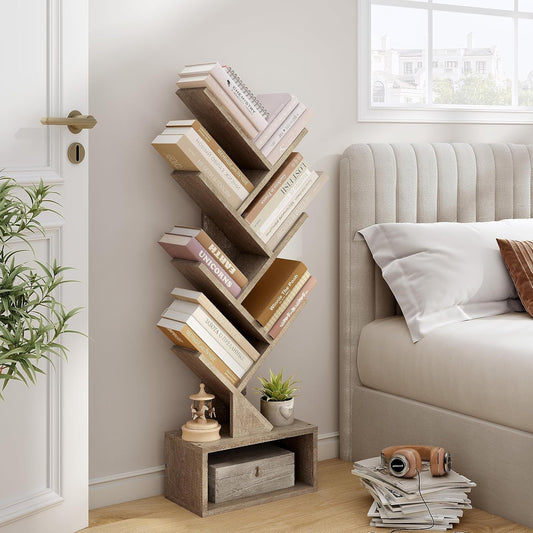 6 Tier Tree Bookshelf, Tall Bookcase with Drawer, Freestanding Book