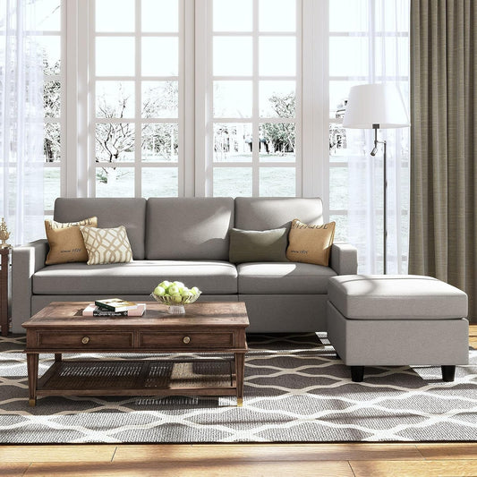 Light Grey Linen Convertible L-Shaped Sectional Sofa