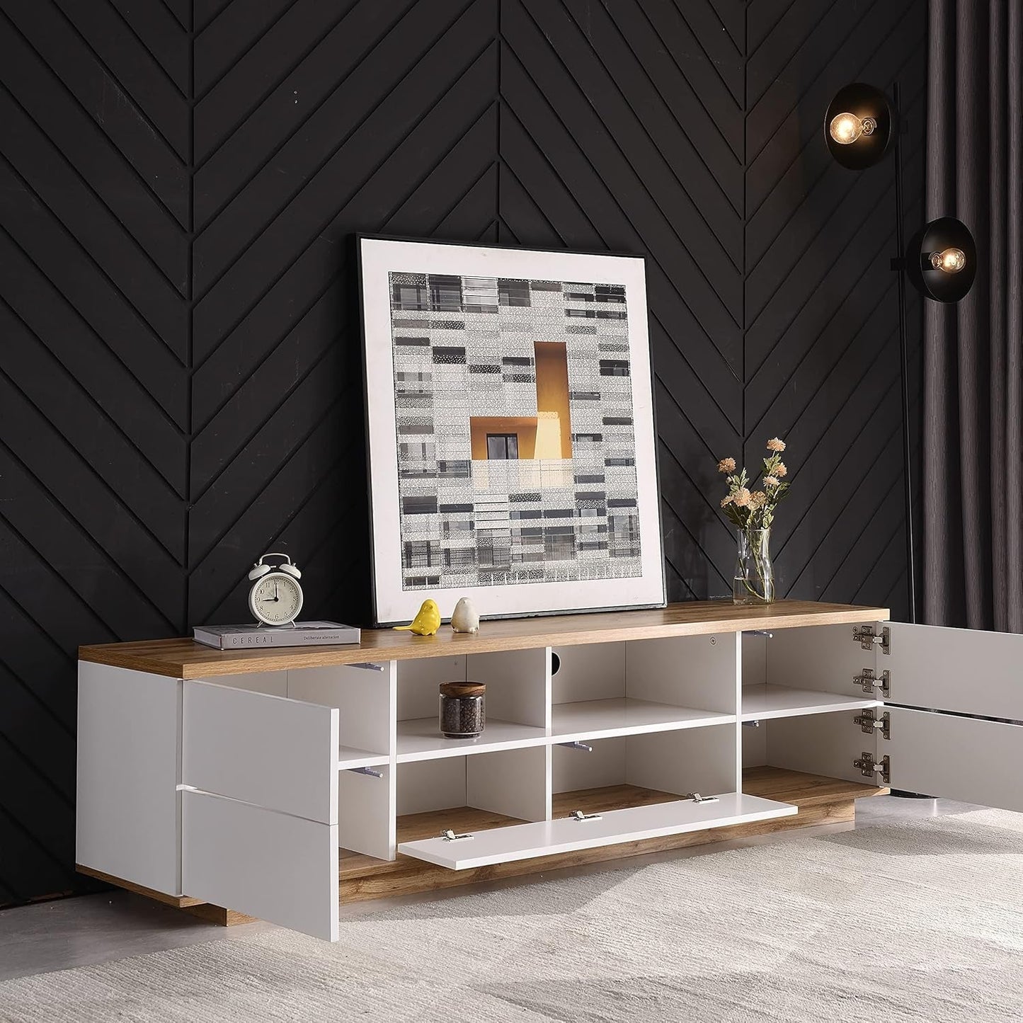 Wood TV Stand Entertainment Center with Storage Cabinets & Open