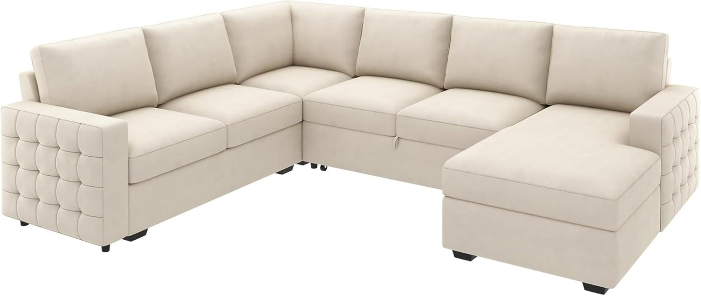Beige U-Shaped Sectional Sleeper Storage, Velvet, Pullout Bed