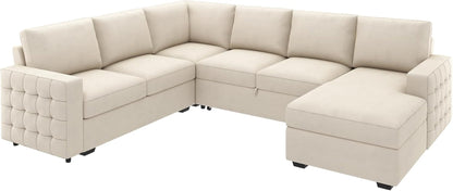 Beige U-Shaped Sectional Sleeper Storage, Velvet, Pullout Bed