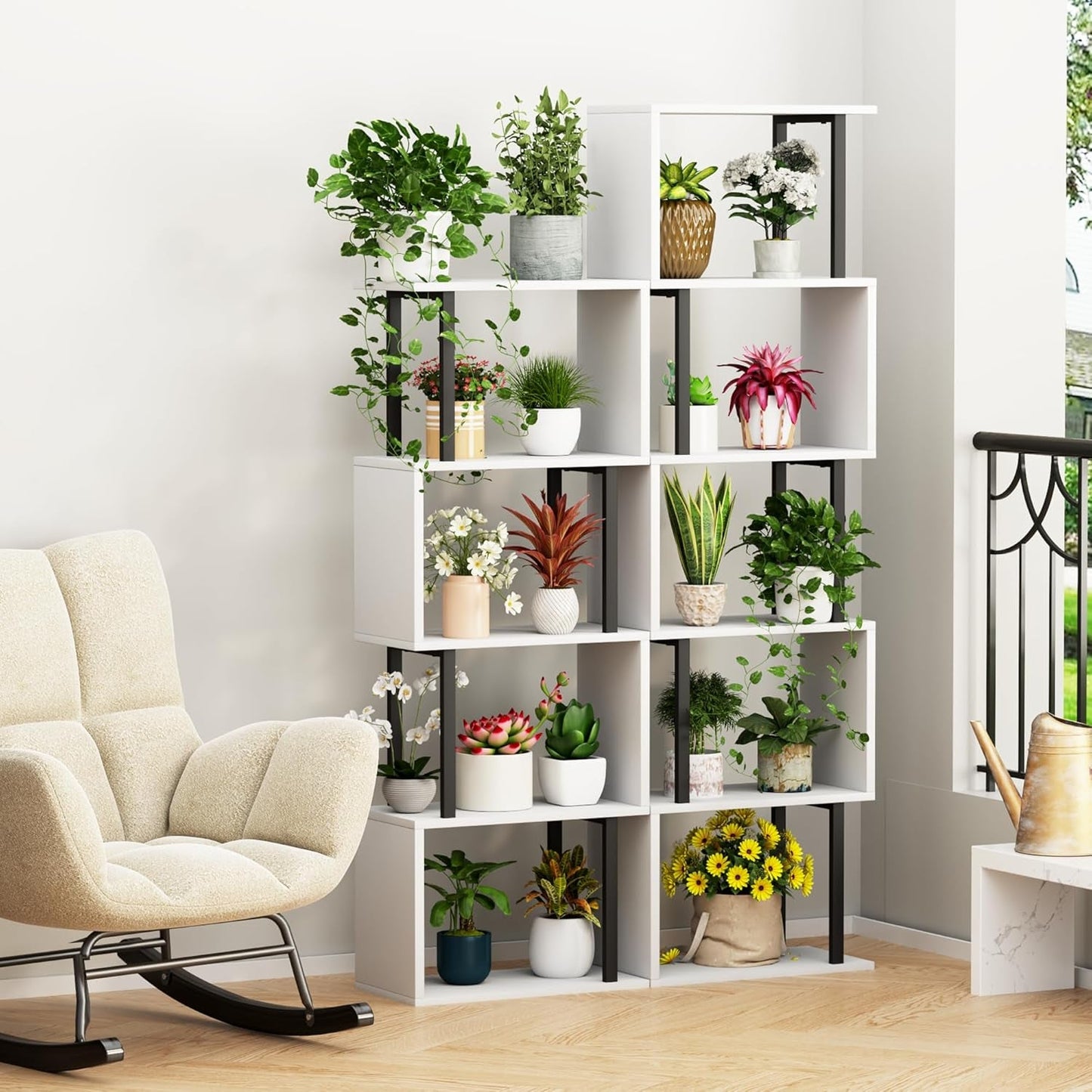 5-Tier Bookshelf, Narrow S-Shaped Geometric Bookcase, Wood Decorative