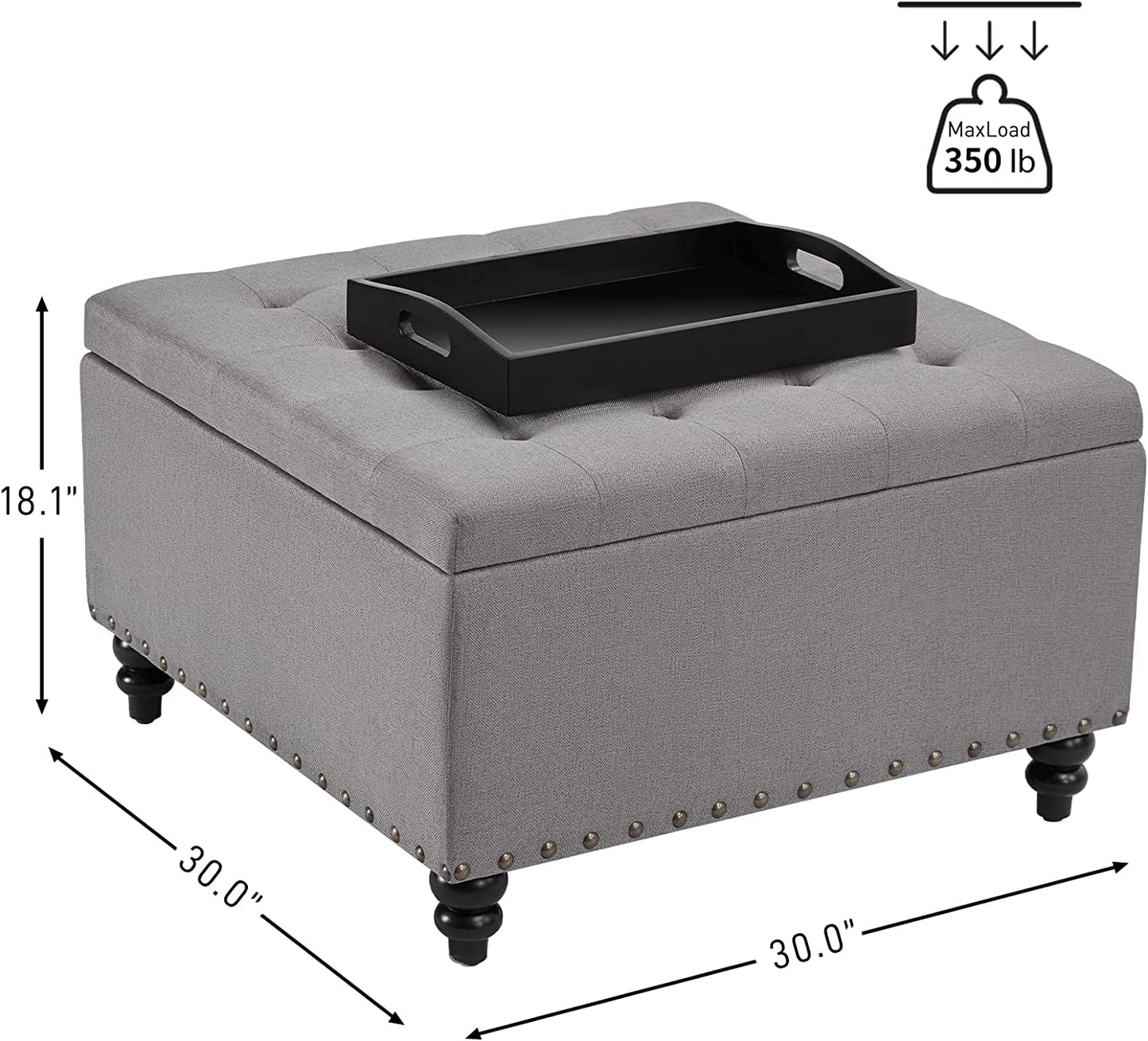 Grey Tufted Ottoman with Storage and Tray