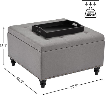 Grey Tufted Ottoman with Storage and Tray