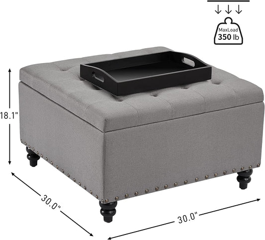 Grey Tufted Ottoman with Storage and Tray