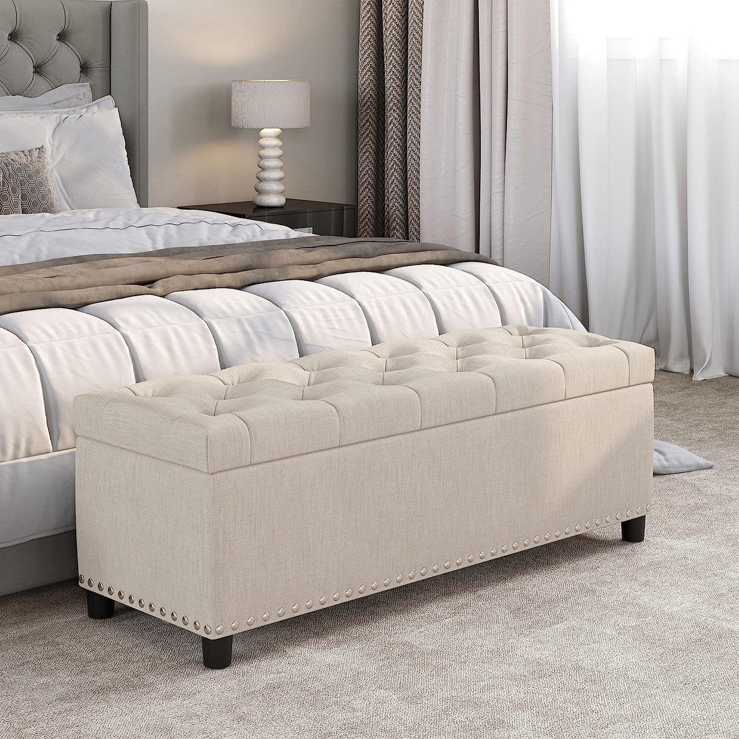 Button-Tufted Ottoman with Storage - Beige