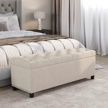 Button-Tufted Ottoman with Storage - Beige