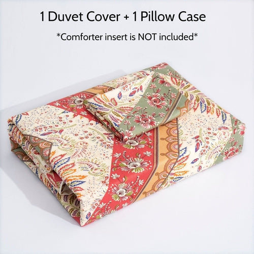 DaDa Bedding Botanical Cranberry Sage Chevron Floral Duvet Cover Set