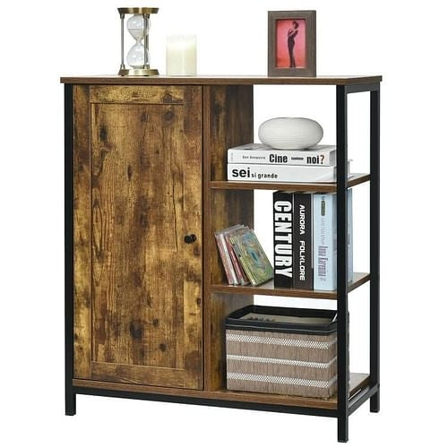 Modern Industrial Black Metal Brown Wood Sideboard Buffet Storage