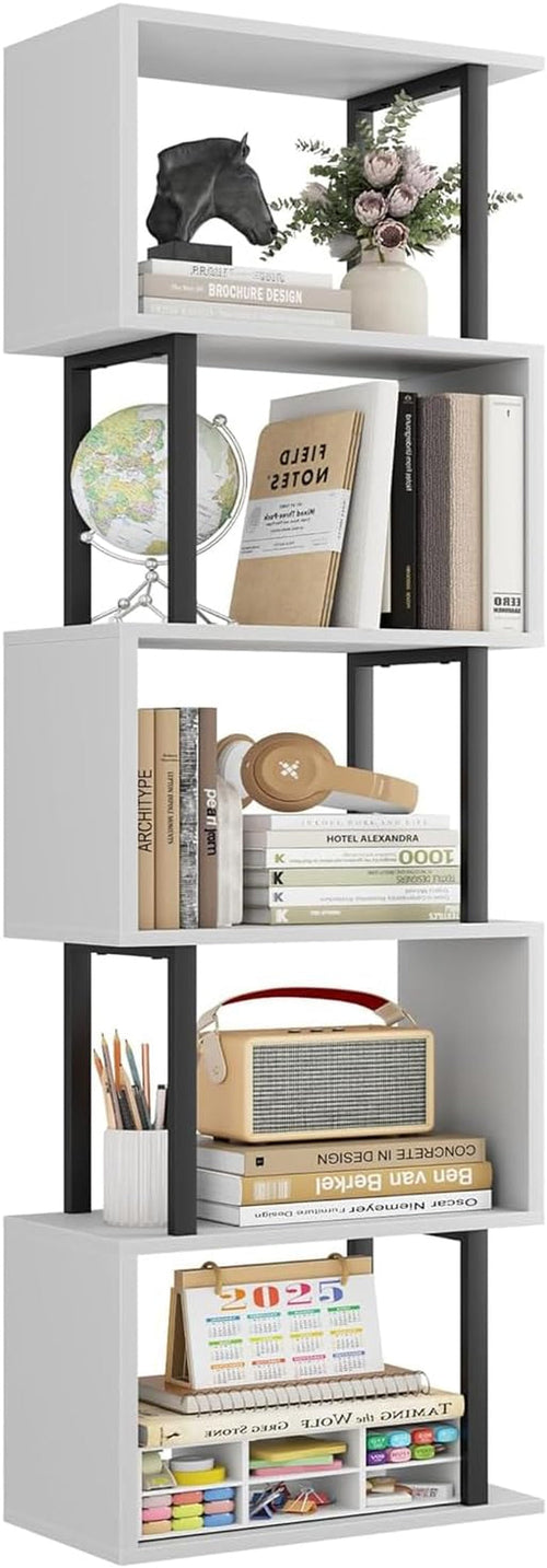 5-Tier Bookshelf, Narrow S-Shaped Geometric Bookcase, Wood Decorative