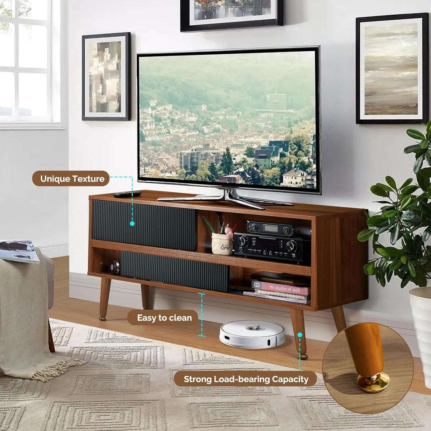 TV Stand for 46 Inch TV Mid Century Entertainment Center with Storage,