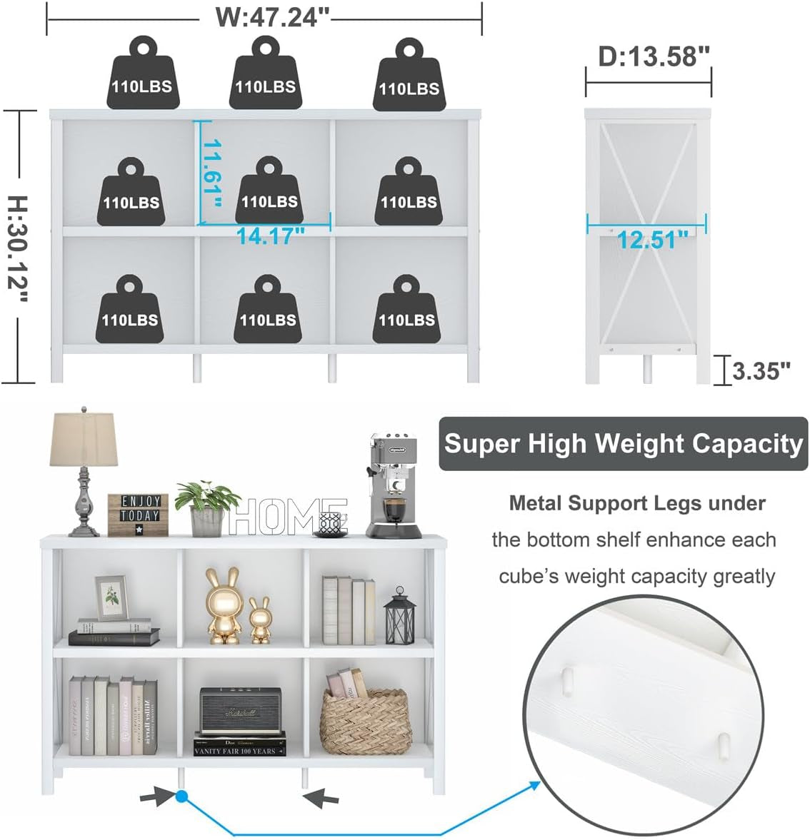 6 Cube Storage Organizer with Shelf, Long Wood and Metal Cubby