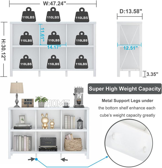 6 Cube Storage Organizer with Shelf, Long Wood and Metal Cubby