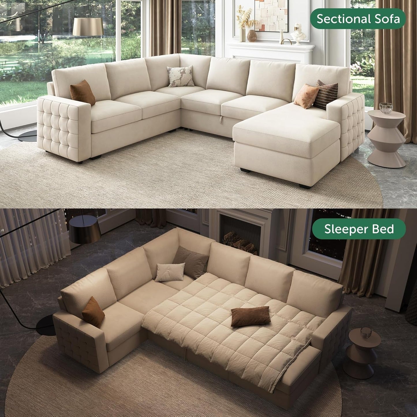 Beige U-Shaped Sectional Sleeper Storage, Velvet, Pullout Bed