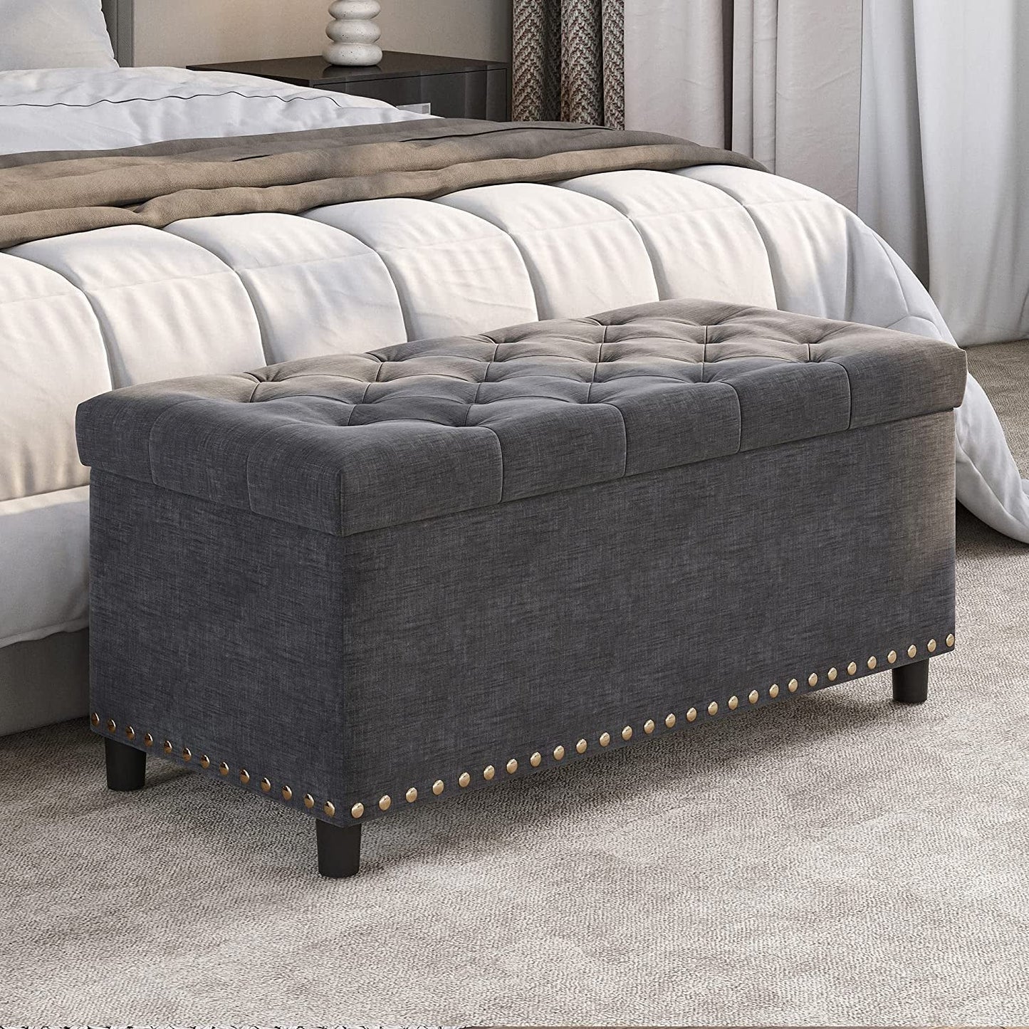 Button-Tufted Ottoman with Storage - Dark Grey