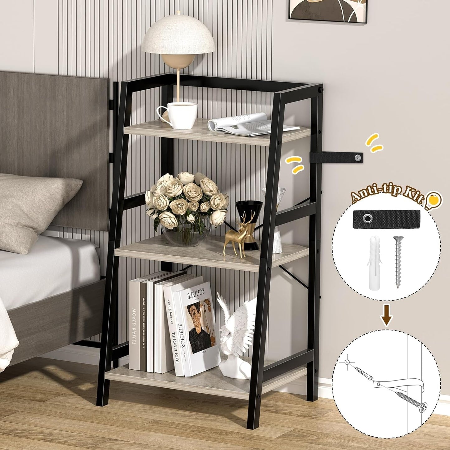 3-Tier Bookshelf, Ladder Shelf, Stand up Shelves, Industrial Bookcase