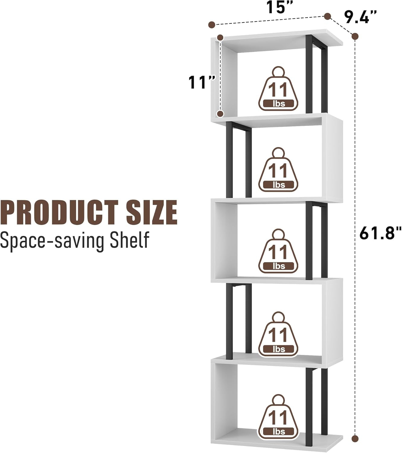 5-Tier Bookshelf, Narrow S-Shaped Geometric Bookcase, Wood Decorative