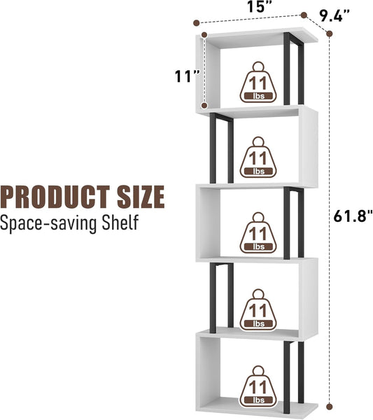 5-Tier Bookshelf, Narrow S-Shaped Geometric Bookcase, Wood Decorative