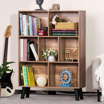 7 Cube Bookshelf 3 Tier Modern Bookcase with Legs,Wood Book Shelves