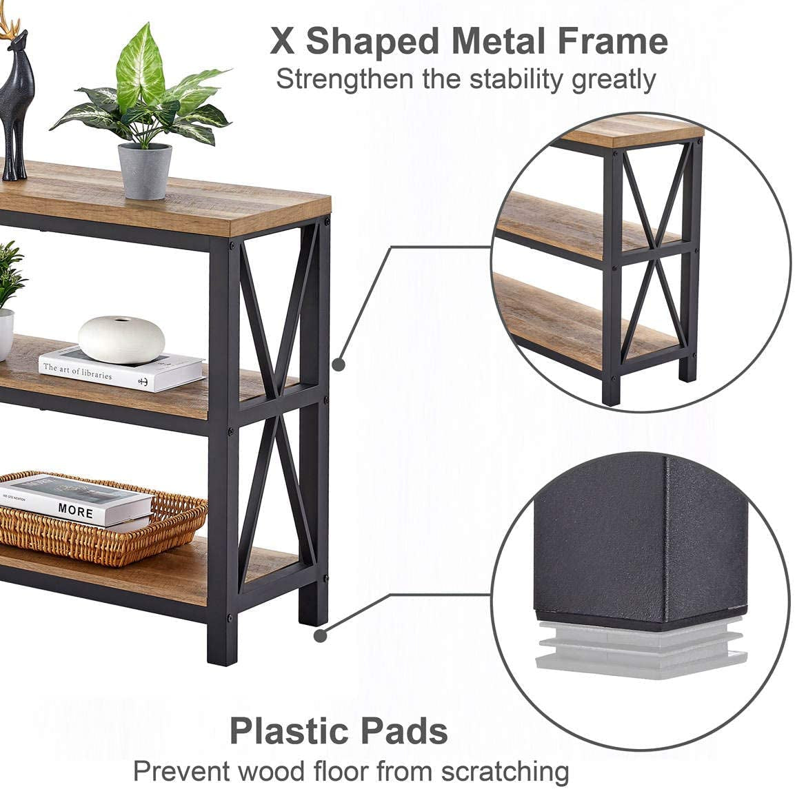 Rustic Wood Console Table with 3 Shelves