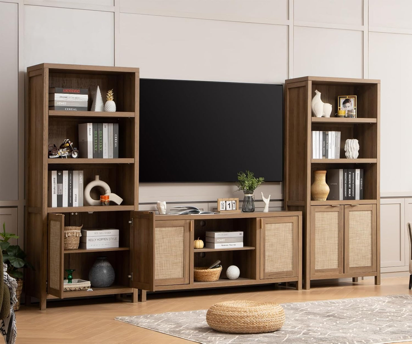 TV Stand for Living Room : Rattan TV Console Cabinet with Storage and