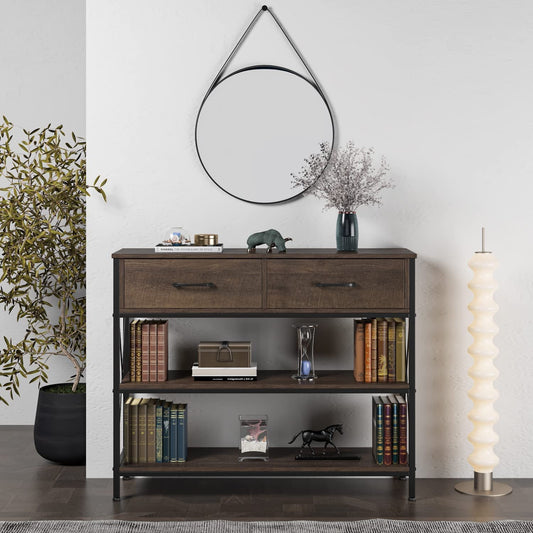 Vintage Industrial Sofa Table with Drawers and Shelves