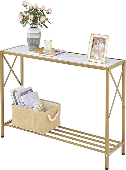 Gold and White Narrow Console Table with Shelves