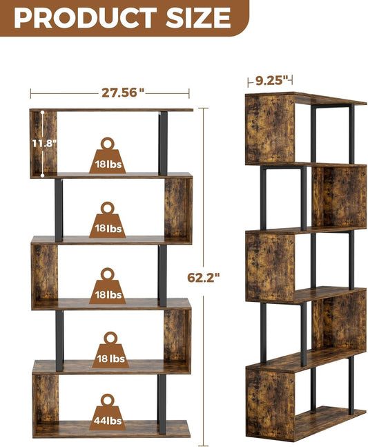 5-Tier Geometric Bookcase,S Shaped Bookshelf, Wood Decorative Storage