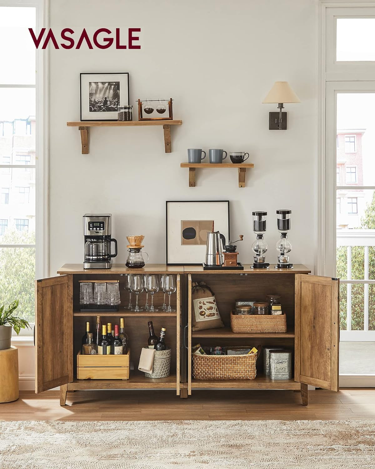 Rustic Walnut Buffet Cabinet with Adjustable Shelves