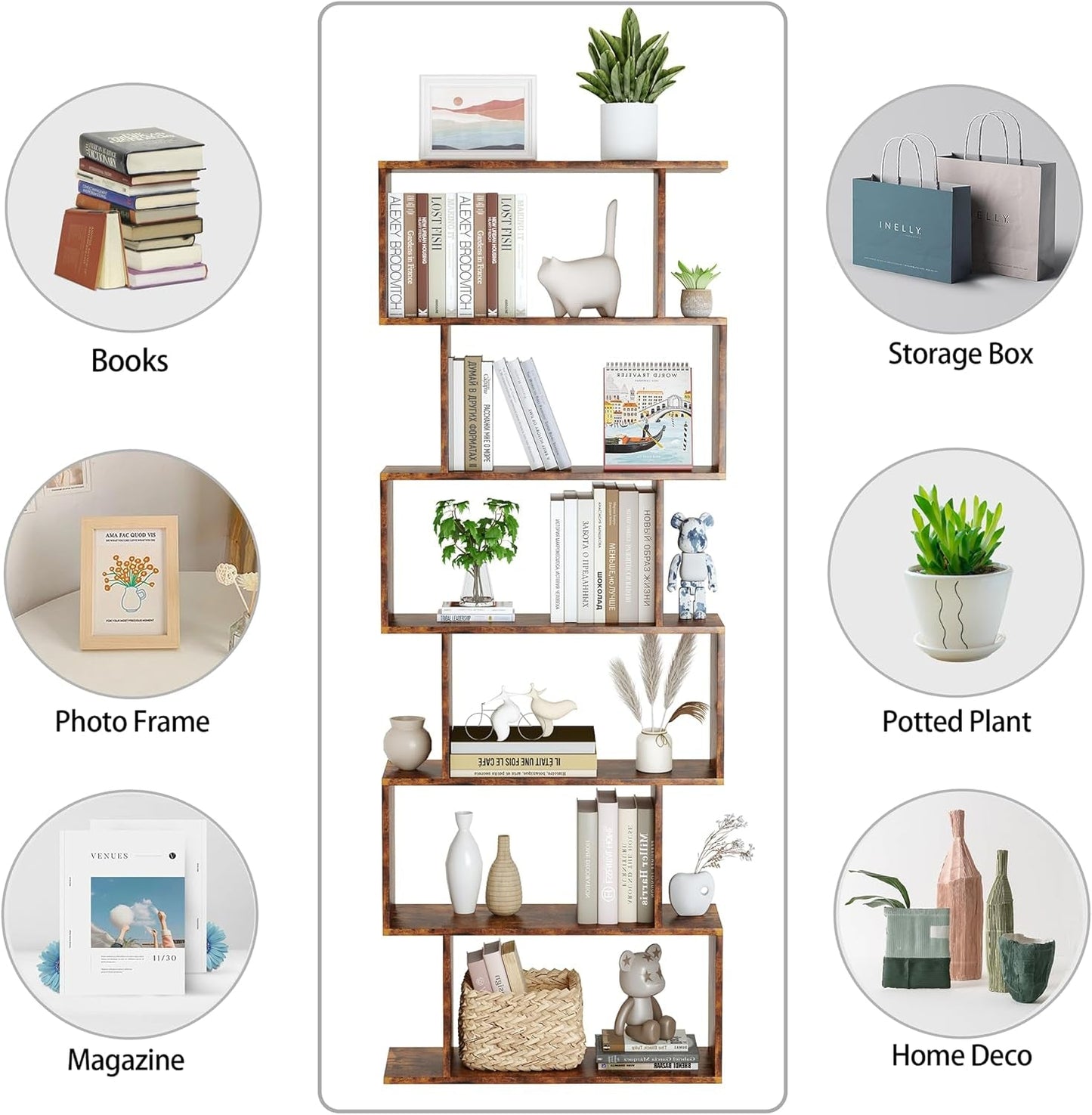 Geometric Bookcase, Bookshelf 6-Tier S Shaped Book Shelves for