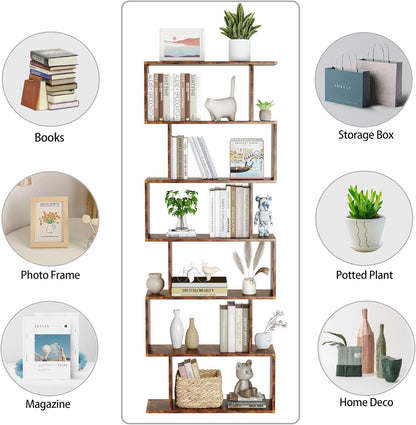 Geometric Bookcase, Bookshelf 6-Tier S Shaped Book Shelves for