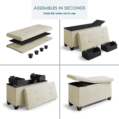 Multi-Functional Ivory Ottoman with Storage Bins