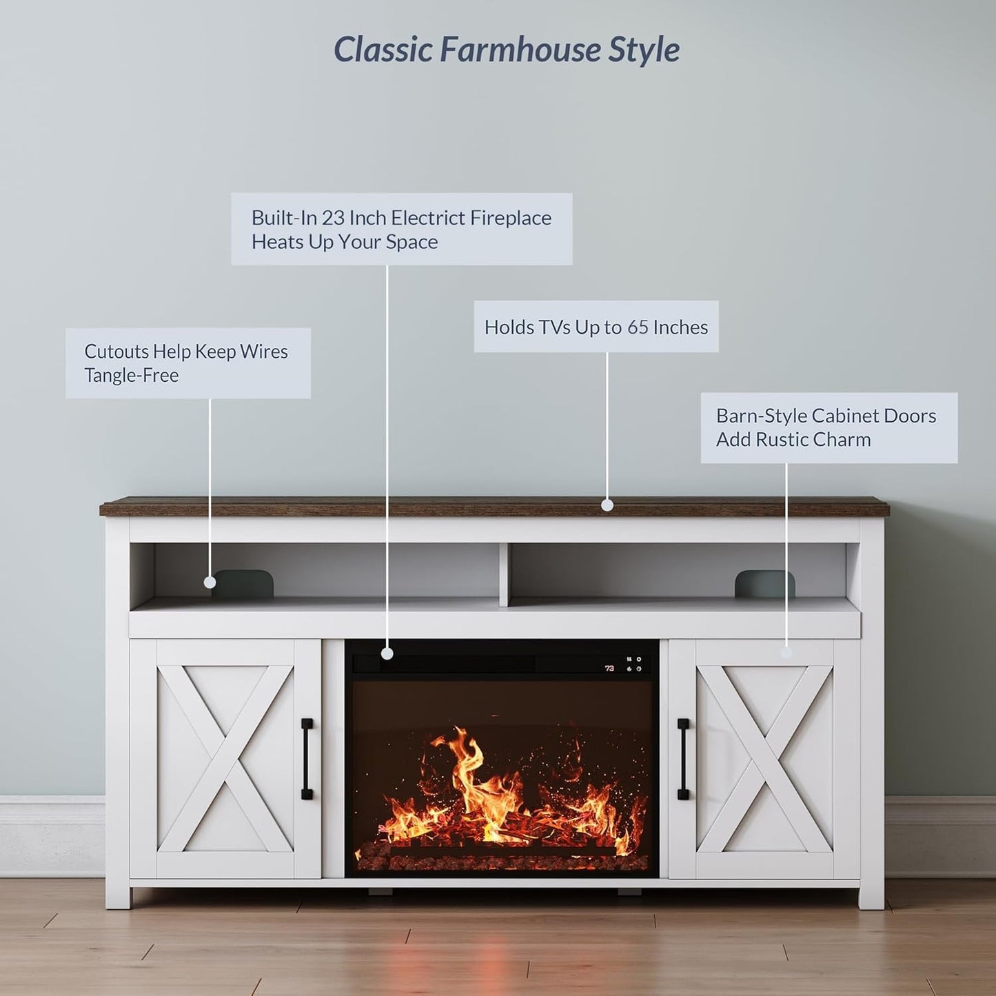 58" White Farmhouse Fireplace TV Stand for 65" TV
