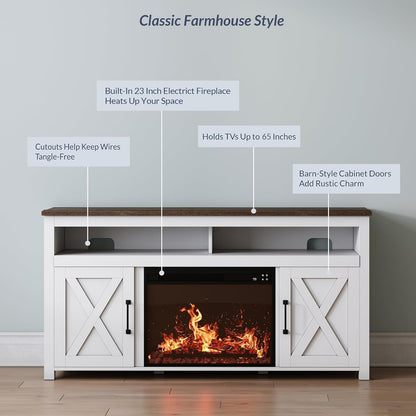 58" White Farmhouse Fireplace TV Stand for 65" TV