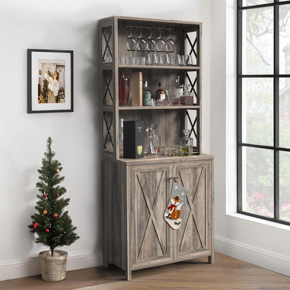 67" Farmhouse Wine Bar Cabinet Liquor Glasses Grey