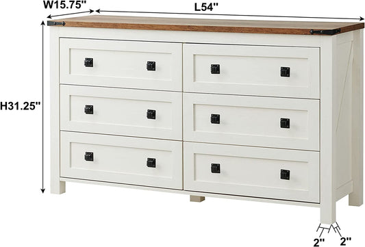 Rustic White Dresser with 6 Drawers for Bedroom Storage