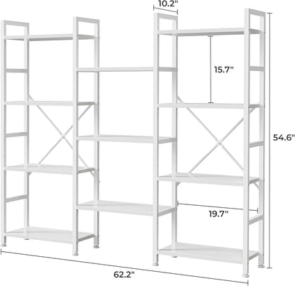 Triple 4 Tier Bookshelf, Bookcase with 11 Open Display Shelves, Wide