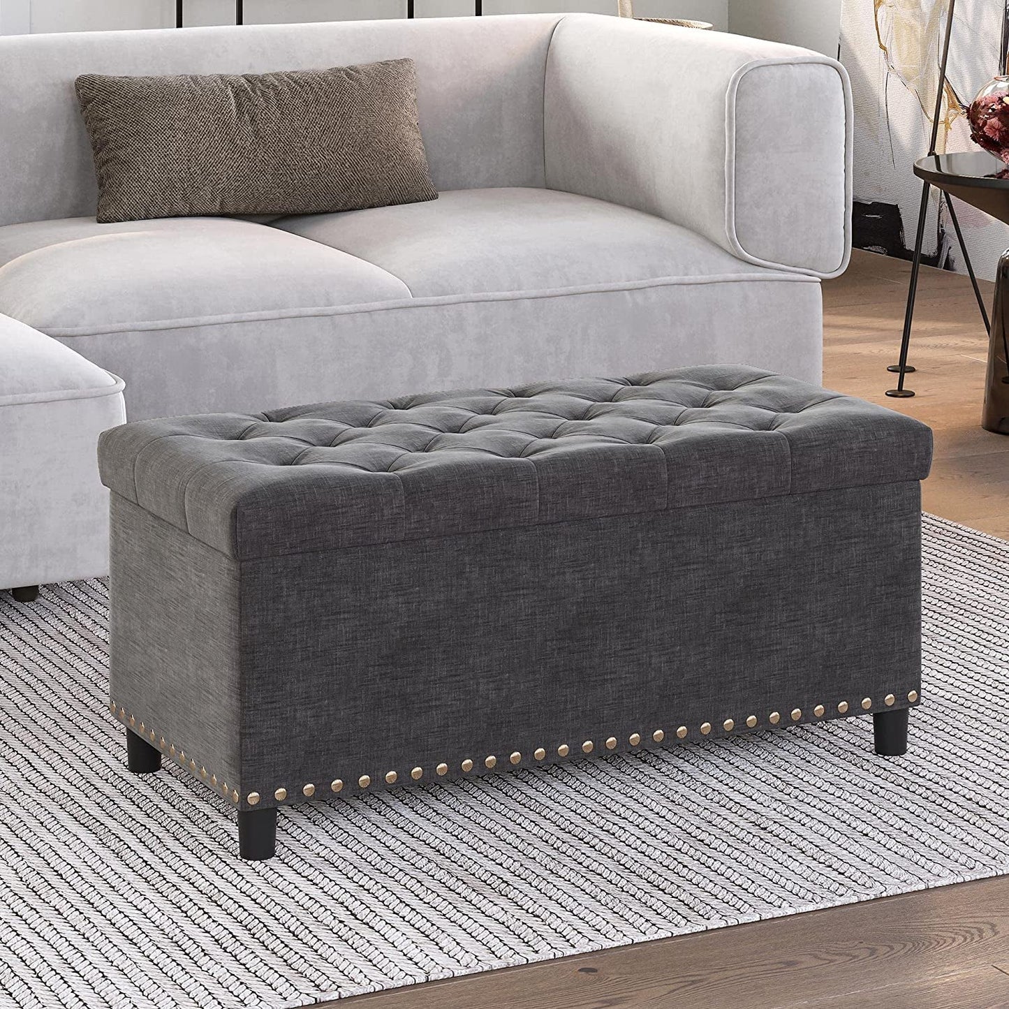 Button-Tufted Ottoman with Storage - Dark Grey