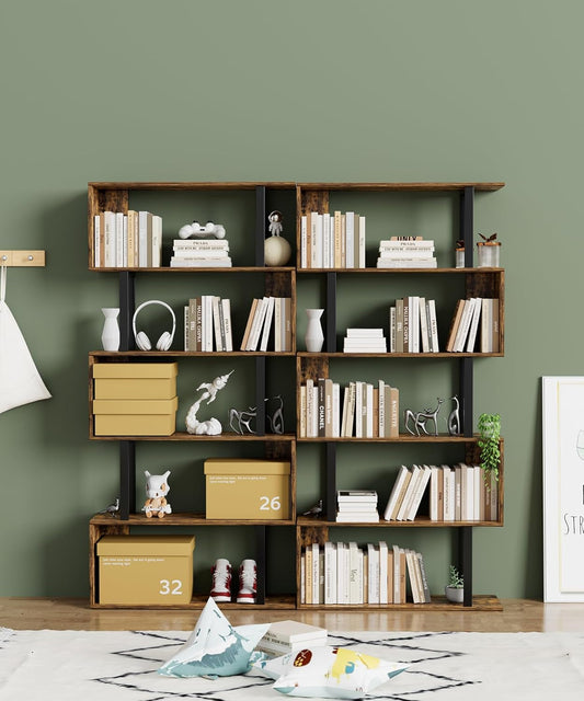 5-Tier Geometric Bookcase,S Shaped Bookshelf, Wood Decorative Storage