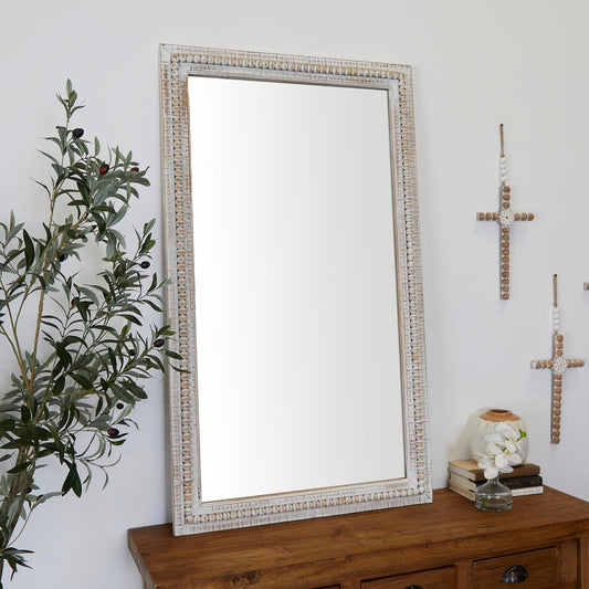 Handcrafted Wooden Beaded Wall Mirror, 28 X 1 X 48, Elegant White