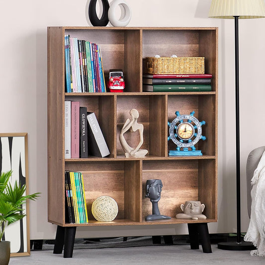 7 Cube Bookshelf 3 Tier Modern Bookcase with Legs,Wood Book Shelves