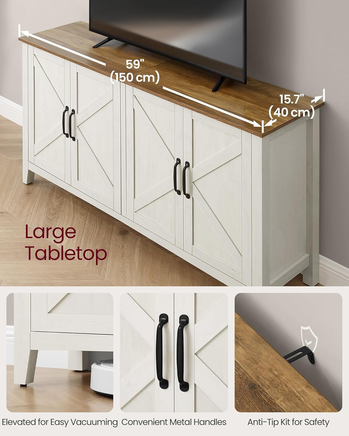 Rustic White Honey Brown Buffet Cabinet with Shelves