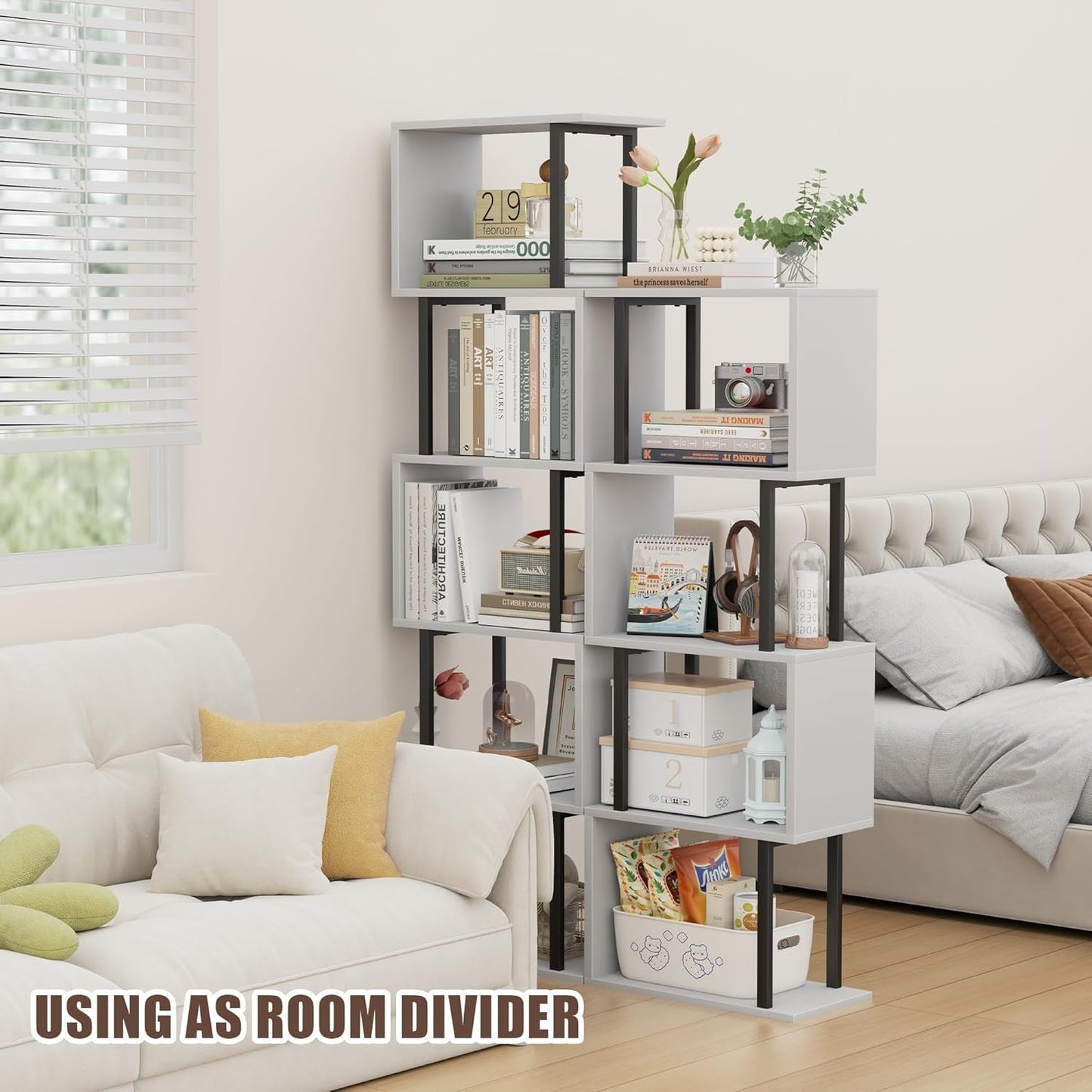 5-Tier Bookshelf, Narrow S-Shaped Geometric Bookcase, Wood Decorative