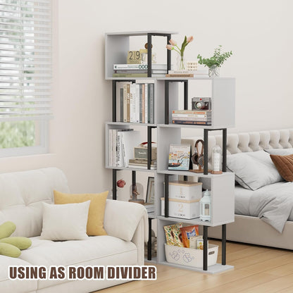 5-Tier Bookshelf, Narrow S-Shaped Geometric Bookcase, Wood Decorative