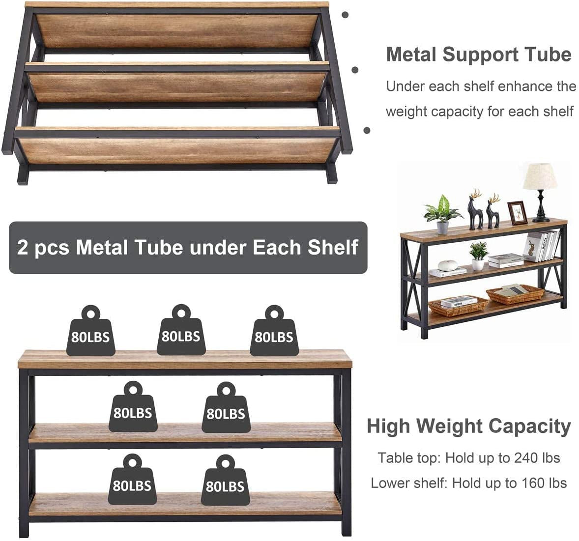 Rustic Wood Console Table with 3 Shelves